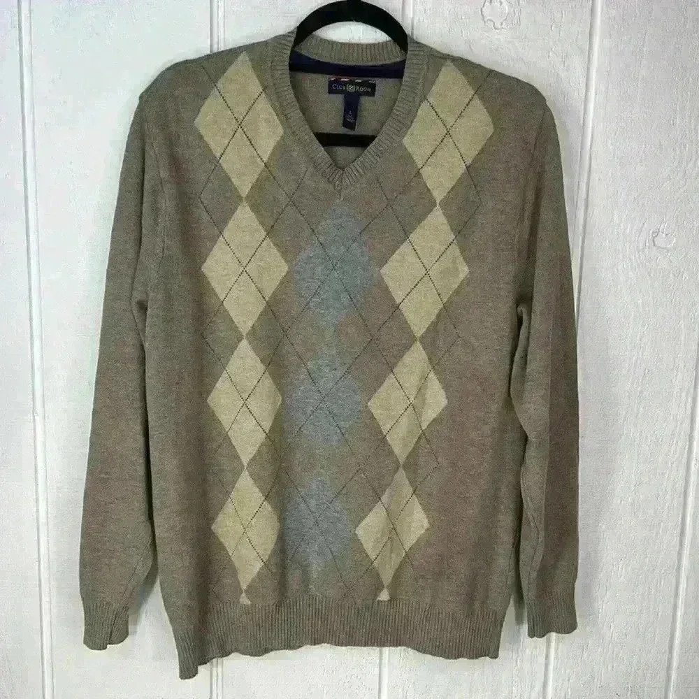 Men’s Club Room 100% Cotton Size Large Argyle V Neck Long Sleeve Sweater